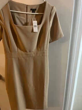 Ann Taylor Camel Square Neck Short Sleeve Sheath Dress
